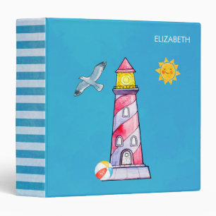 Red Striped Watercolor Lighthouse Custom 3 Ring Binder