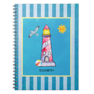 Red Striped Watercolor Lighthouse Custom Notebook