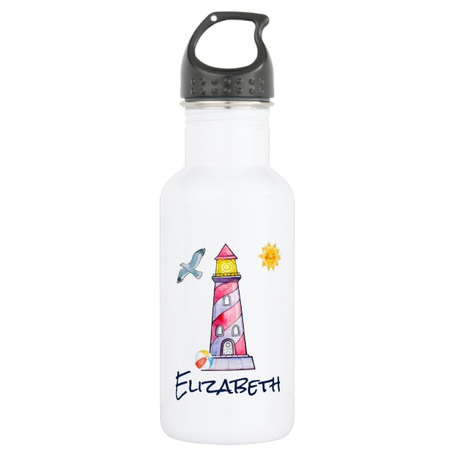 Red Striped Watercolor Lighthouse Custom Stainless Steel Water Bottle (Front)