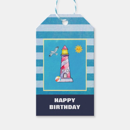 Red Striped Watercolor Lighthouse Gift Tags