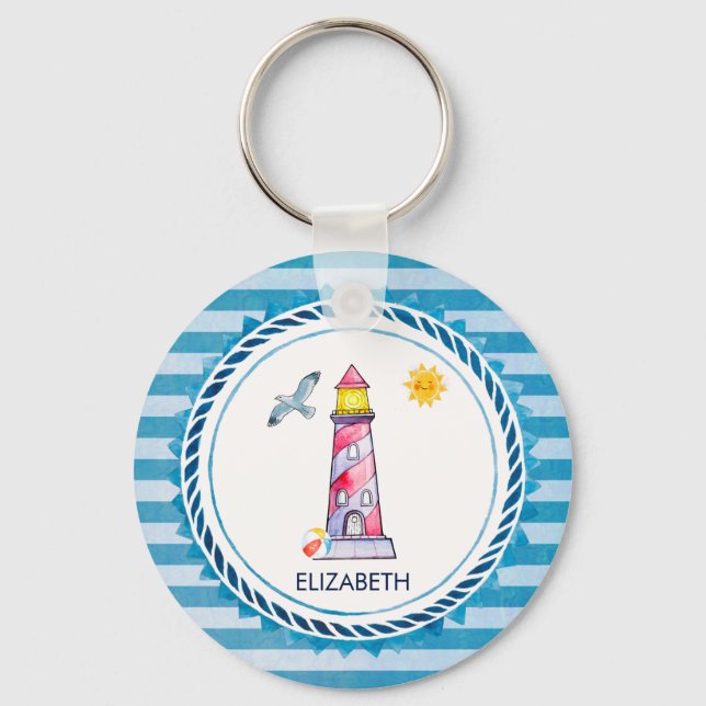 Red Striped Watercolor Lighthouse Keychain (Front)