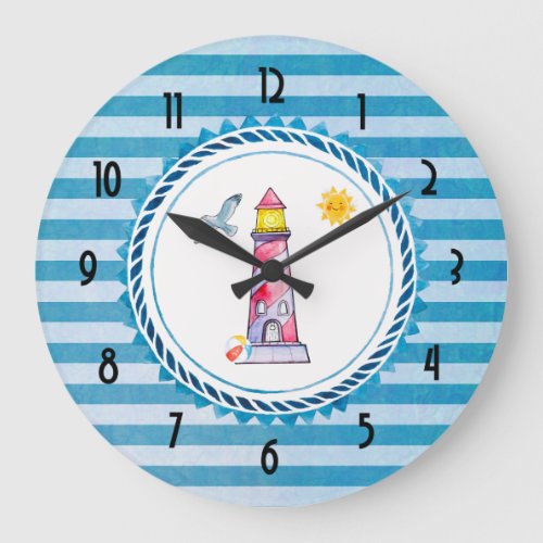 Red Striped Watercolor Lighthouse Large Clock