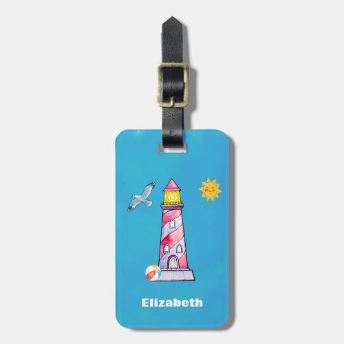 Red Striped Watercolor Lighthouse Luggage Tag