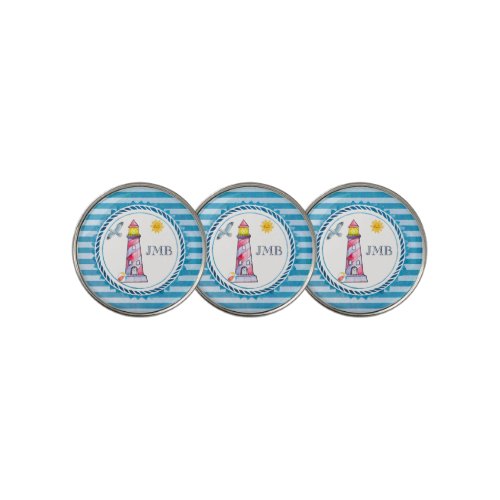 Red Striped Watercolor Lighthouse Monogram Golf Ball Marker