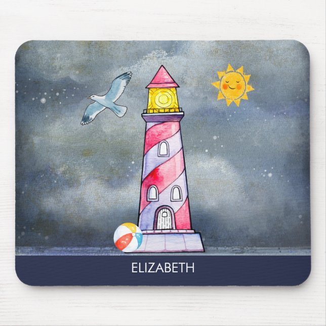 Red Striped Watercolor Lighthouse Mouse Pad (Front)