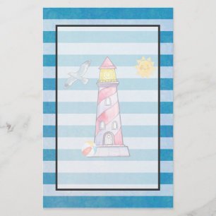 Red Striped Watercolor Lighthouse on Blue Stripes Stationery