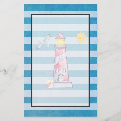 Red Striped Watercolor Lighthouse on Blue Stripes Stationery