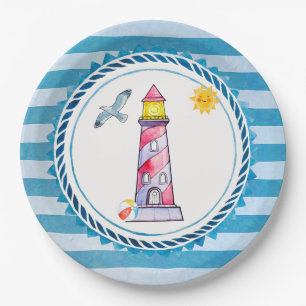 Red Striped Watercolor Lighthouse Paper Plates