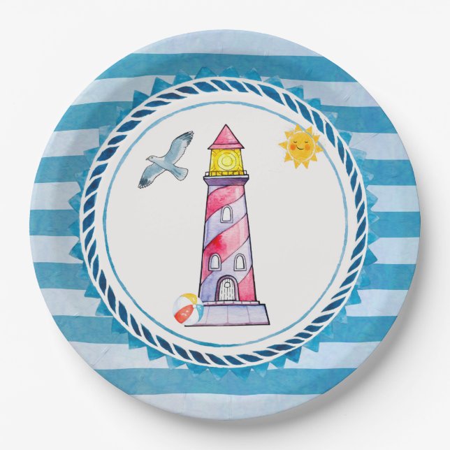 Red Striped Watercolor Lighthouse Paper Plates (Front)