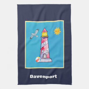 Red Striped Watercolor Lighthouse Personalized Kitchen Towel