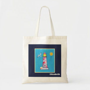 Red Striped Watercolor Lighthouse Personalized Tote Bag