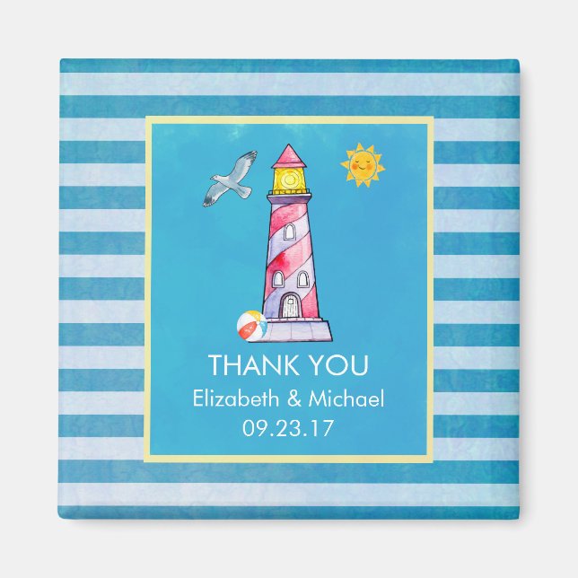 Red Striped Watercolor Lighthouse Thank You Custom Magnet (Front)