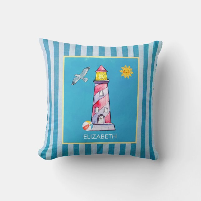 Red Striped Watercolor Lighthouse Throw Pillow (Front)