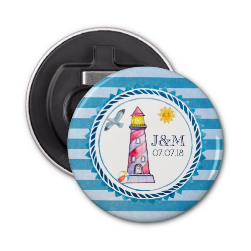 Red Striped Watercolor Lighthouse Wedding Bottle Opener