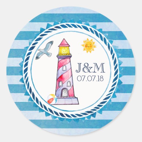 Red Striped Watercolor Lighthouse Wedding Classic Round Sticker