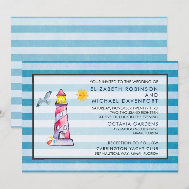 Red Striped Watercolor Lighthouse Wedding Invitation (Front/Back)