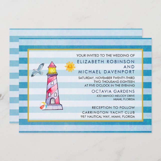Red Striped Watercolor Lighthouse Wedding Invitation (Front/Back)