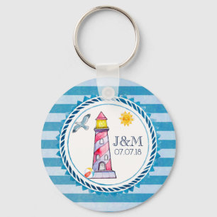 Red Striped Watercolor Lighthouse Wedding Keychain