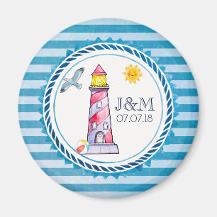 Red Striped Watercolor Lighthouse Wedding Magnet
