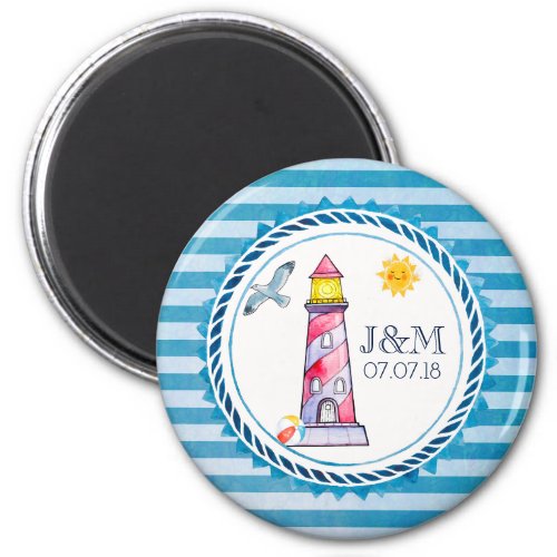 Red Striped Watercolor Lighthouse Wedding Magnet