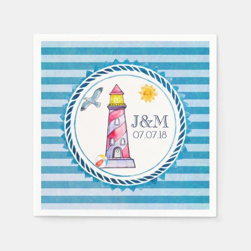Red Striped Watercolor Lighthouse Wedding Paper Napkins