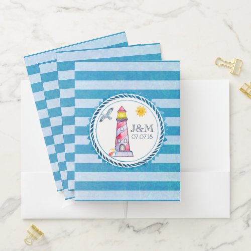 Red Striped Watercolor Lighthouse Wedding Pocket Folder