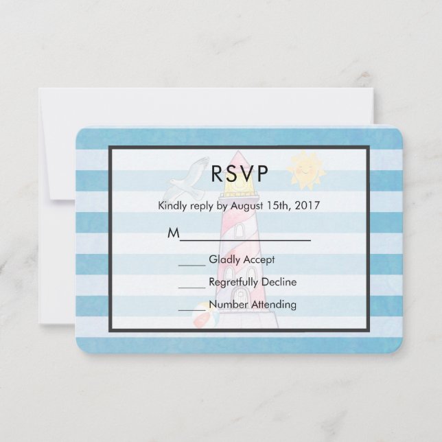 Red Striped Watercolor Lighthouse Wedding RSVP (Front)