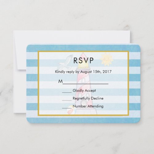 Red Striped Watercolor Lighthouse Wedding RSVP