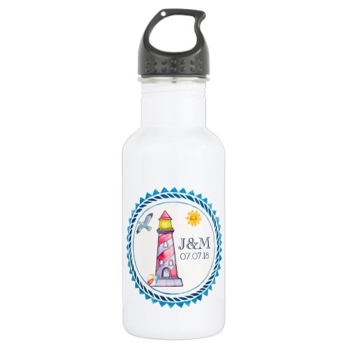 Red Striped Watercolor Lighthouse Wedding Stainless Steel Water Bottle