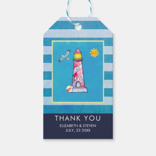 Red Striped Watercolor Lighthouse Wedding Thanks Gift Tags