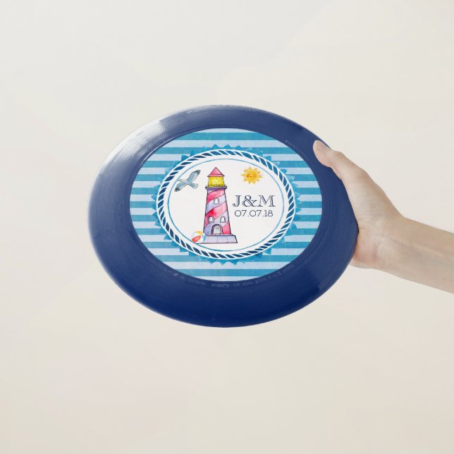 Red Striped Watercolor Lighthouse Wedding Wham-O Frisbee (In Hand)