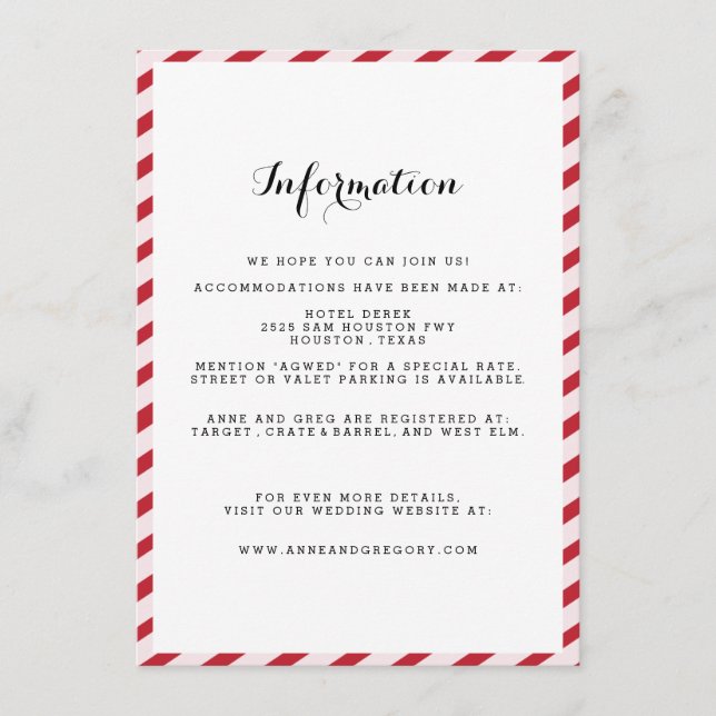 Red Striped Wedding Information Insert Card (Front)