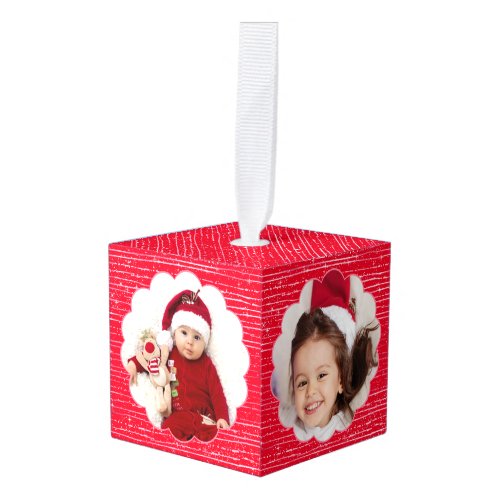 Red Stripes Add Your Own Custom Photo Christmas Cube Ornament