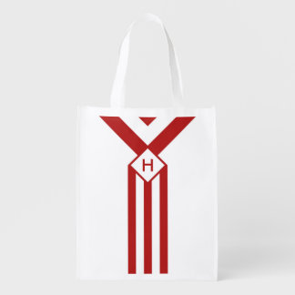 Red Stripes and Chevrons with Monogram on White Reusable Grocery Bag