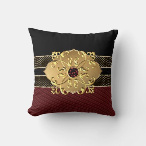 Red Stripes Black Gold Ornate Design_min Throw Pillow