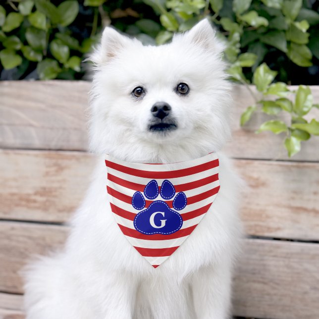 Red Stripes Blue Paw Print Dog Monogram Pet Bandana Collar (Dog)