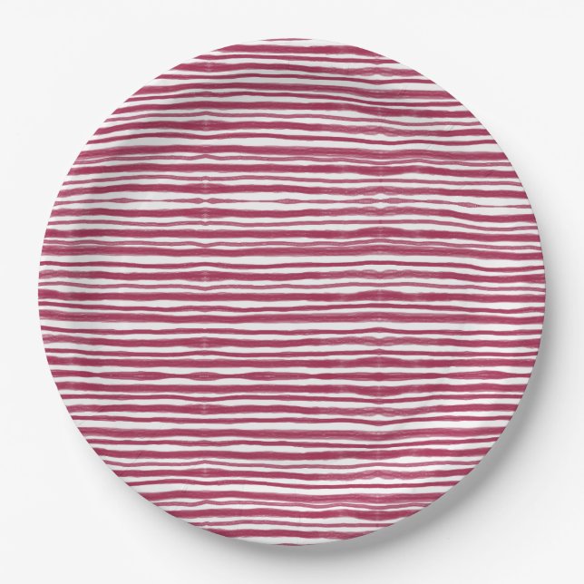 Red Stripes Bordeaux  Paper Plates (Front)