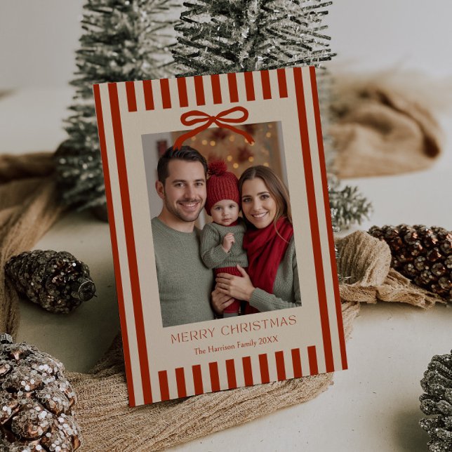 Red Stripes Bow Customizable  Holiday Card (Creator Uploaded)