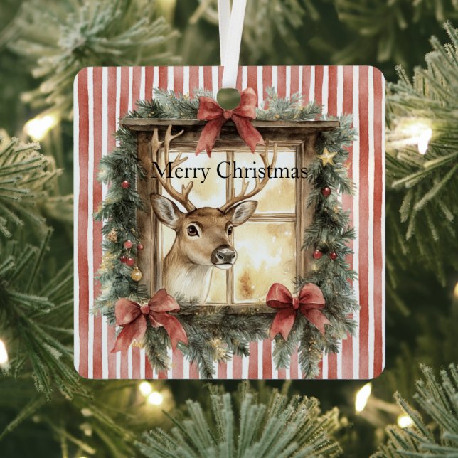 Red Stripes Bows Christmas Deer in Window Metal Ornament (Insitu)