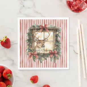 Red Stripes Bows Christmas Deer in Window Napkins
