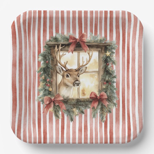 Red Stripes Bows Christmas Deer in Window Paper Plates (Front)