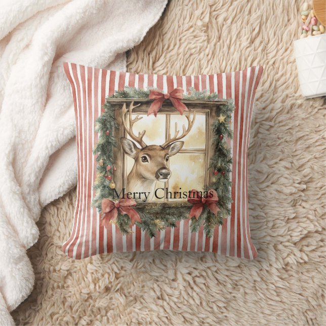 Red Stripes Bows Christmas Deer in Window Throw Pillow (Blanket)