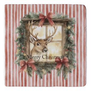 Red Stripes Bows Christmas Deer in Window Trivet