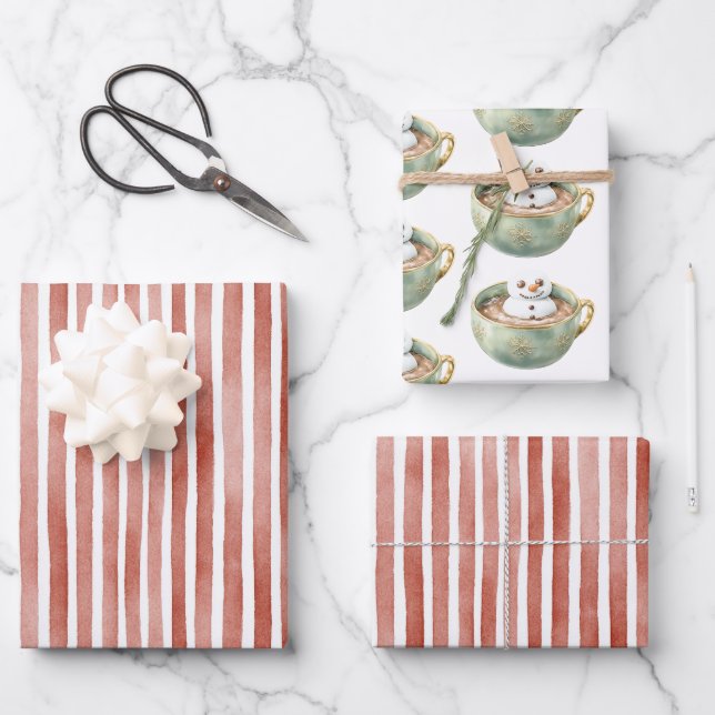 Red Stripes Christmas Happy Marshmallow Wrapping Paper Sheets (Front)