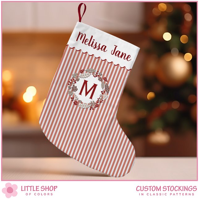 Red Stripes Christmas Wreath Monogram Small Christmas Stocking (Creator Uploaded)