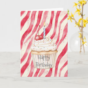 Red Stripes Confetti Cupcake Cherry Top Birthday Card