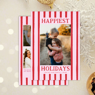 Red Stripes Cute Multi Photo Flat Holiday Card