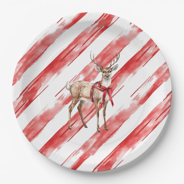 Red Stripes Deer Christmas Pillar Candle Paper Plates (Front)