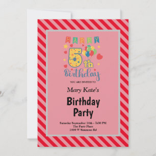 Red Stripes Framed 5th Birthday Party Invitation