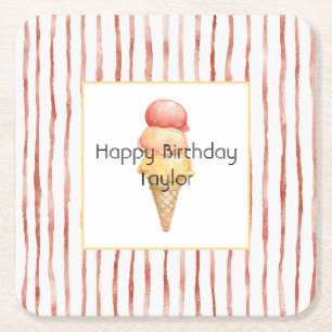 Red Stripes Gelato Ice Cream Birthday Square Paper Coaster
